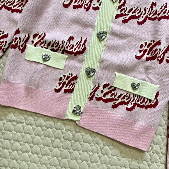 $399 NWT Karl Lagerfeld Women Pink Logo Cardigan Sweater Jacket Rhinestone Heart - Picture 5 of 14